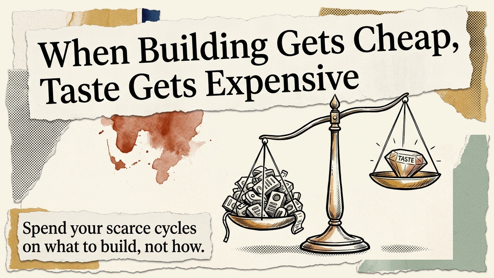 Editorial banner: a set of balance scales, a pile of cheap mass-produced widgets outweighed by a single gem labeled Taste, under the headline When Building Gets Cheap, Taste Gets Expensive.