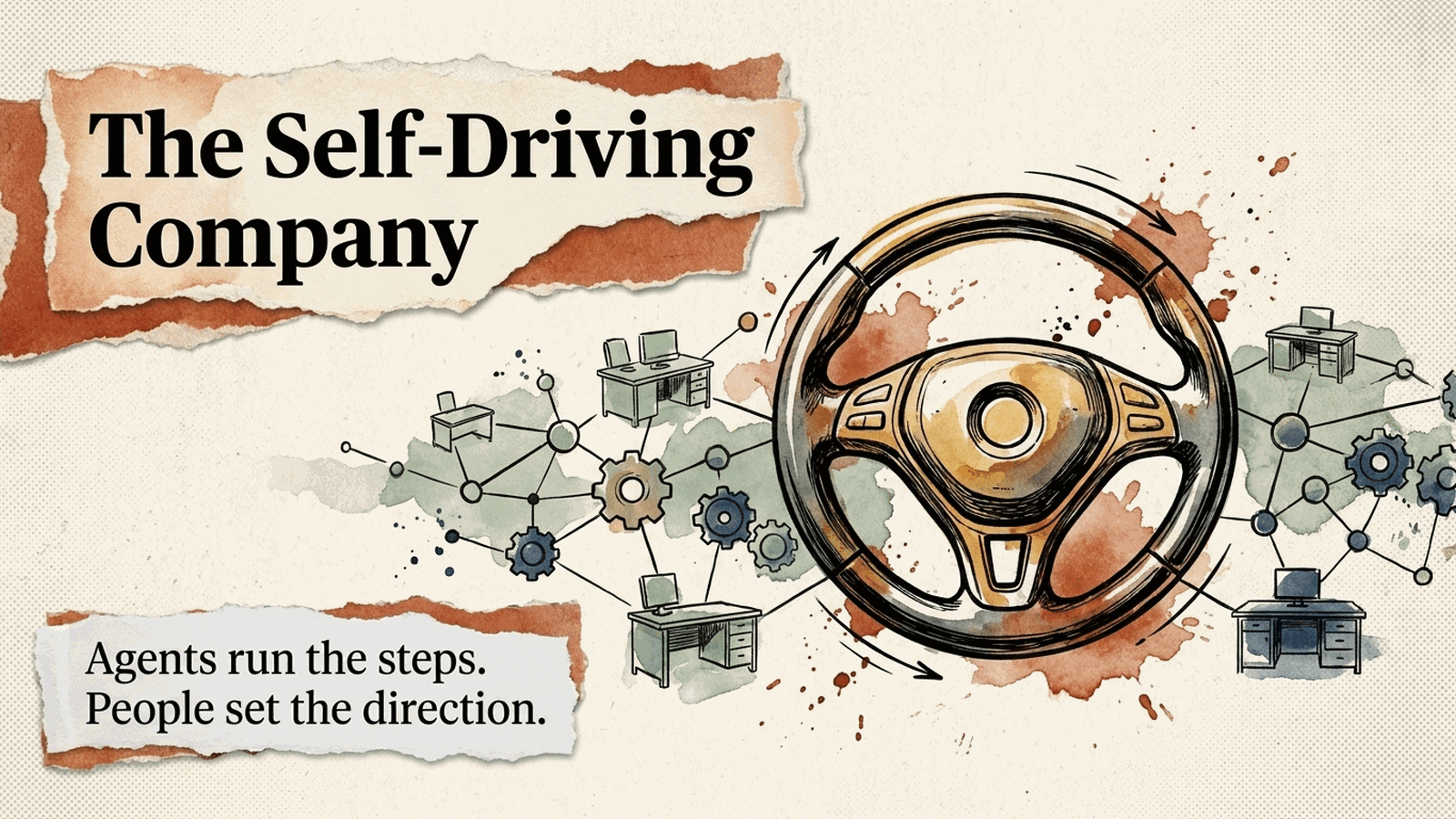 Editorial banner: an autonomous steering wheel with no hands, threaded through a stylized org of desks — The Self-Driving Company.