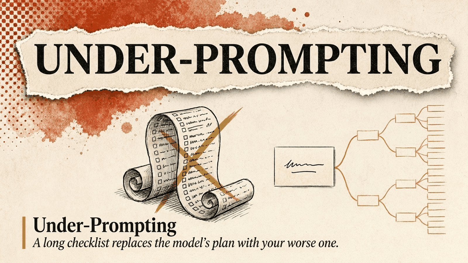 Editorial banner for Under-Prompting: a long checklist scroll struck through in gold, beside a single short line branching into an organised plan.