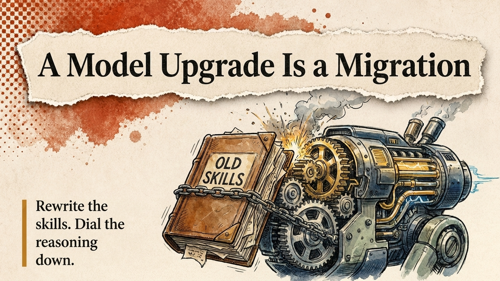 Editorial banner: a capable new engine stalling on an old, over-detailed instruction manual — Opus 5 breaks because your skills are old.
