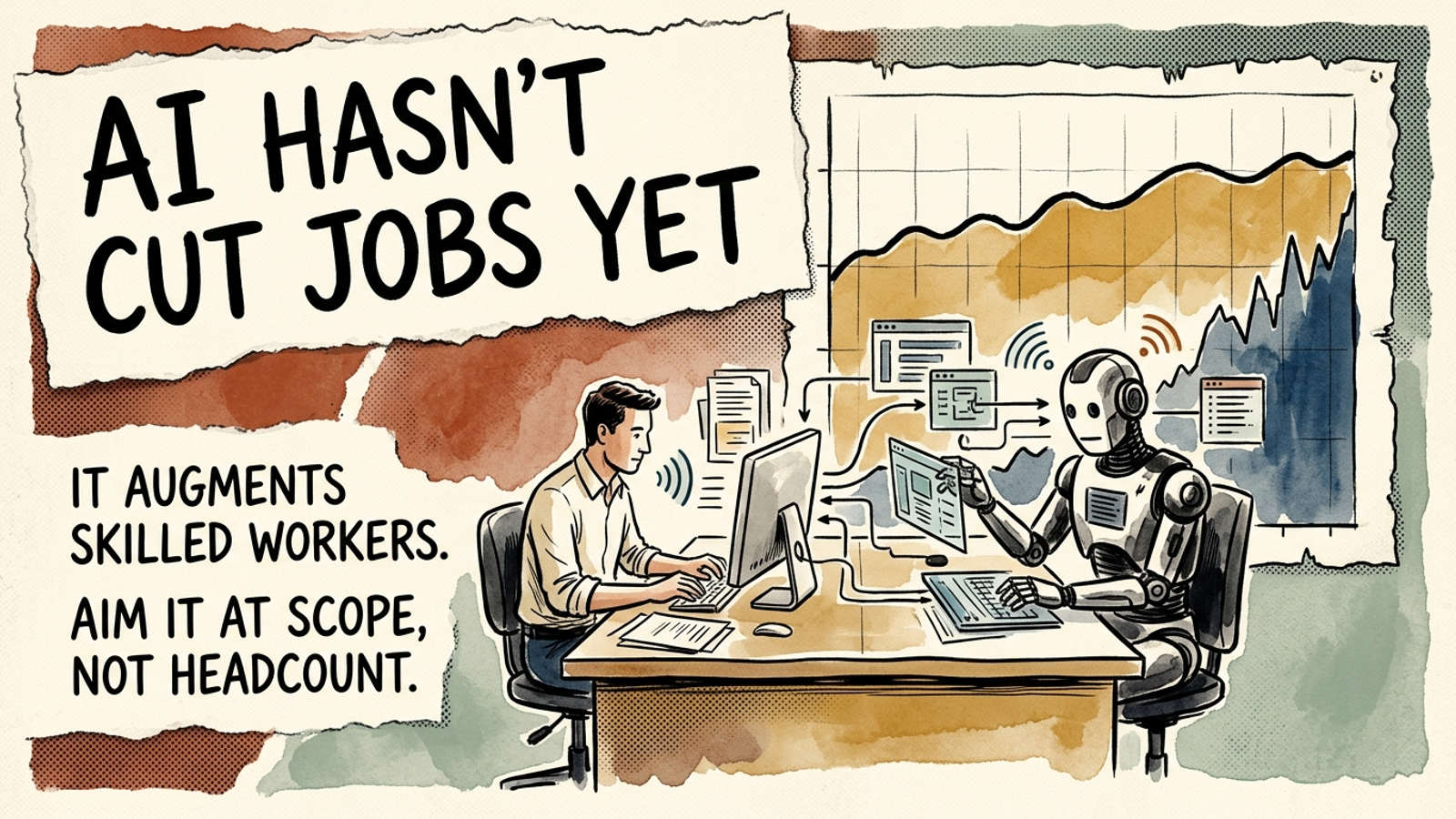Editorial banner: a worker and an ink robot working side by side at one desk under the headline AI hasn't cut jobs yet.