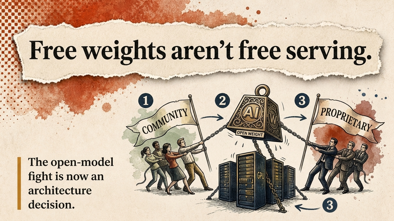 Editorial banner: 'Free weights aren't free serving' over a tug-of-war between community and proprietary AI models above GPU racks.