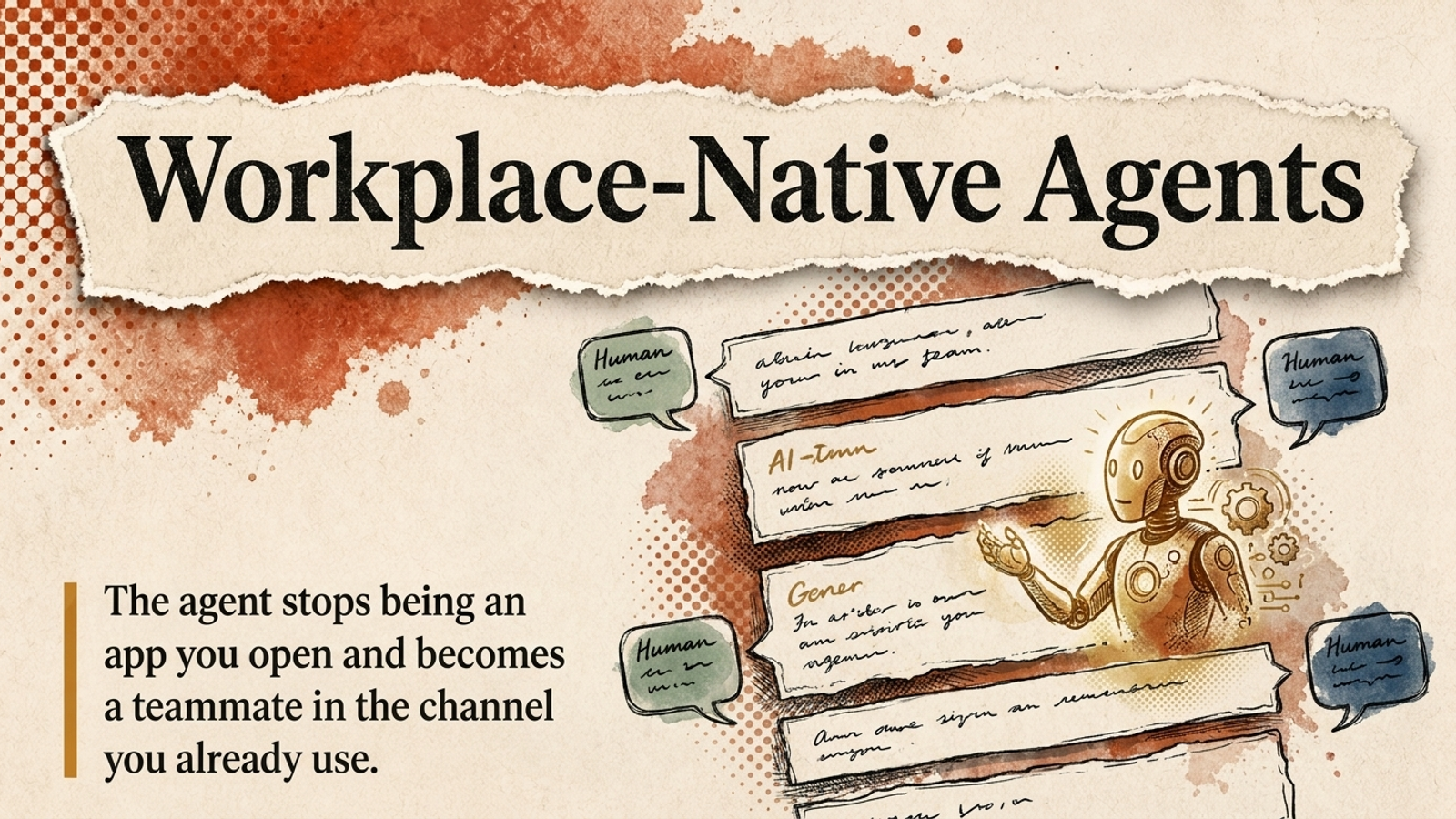 Editorial banner for Workplace-Native Agents: the agent as a teammate inside the team channel.
